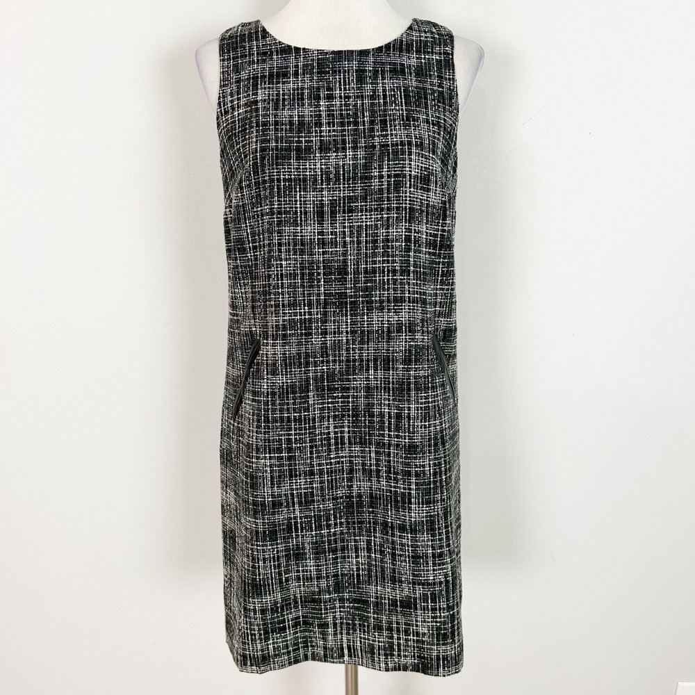 LOFT Shift Dress Black White Tweed Textured Pockets Fall Preppy Size 6 Women's